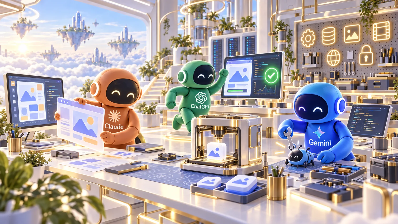 道具がそろった作業場で、Claude・ChatGPT・GeminiのAIがサイトを作り、試し、直しているイメージ