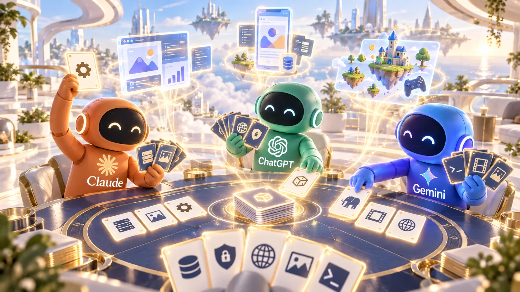 道具のカードをカードゲームのように組み合わせ、アプリやサイトやゲームを生み出していくAIたち