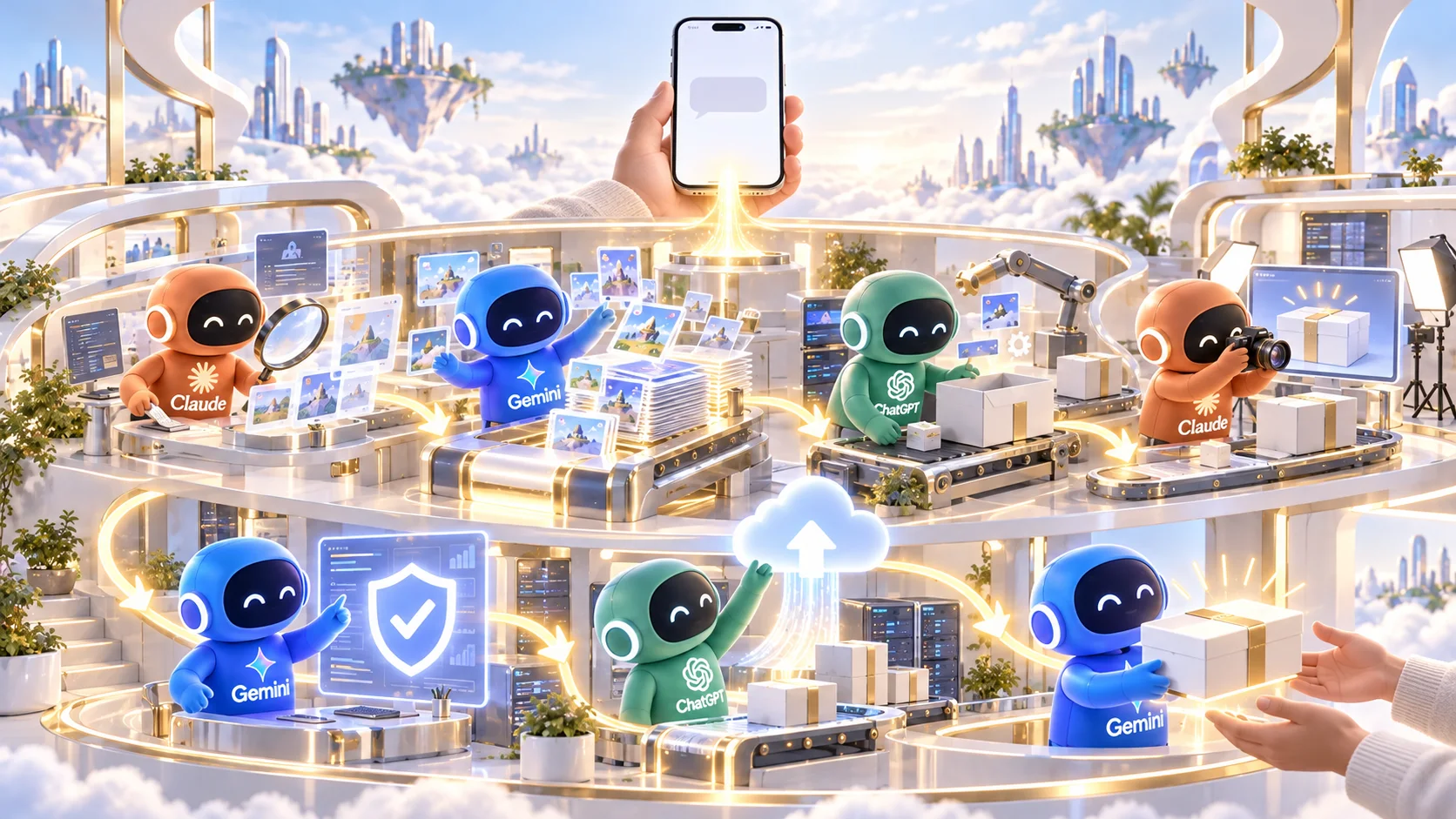 スマホから送った一言の裏で、AIたちが調査・画像作成・梱包・撮影確認・検証・アップロードをリレーしているイメージ