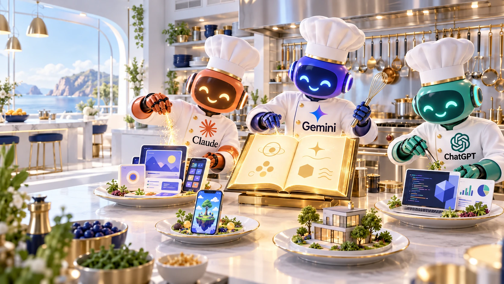 Claude・Gemini・ChatGPTが道具のそろった厨房でアプリやサイトを料理のように仕上げるイメージ