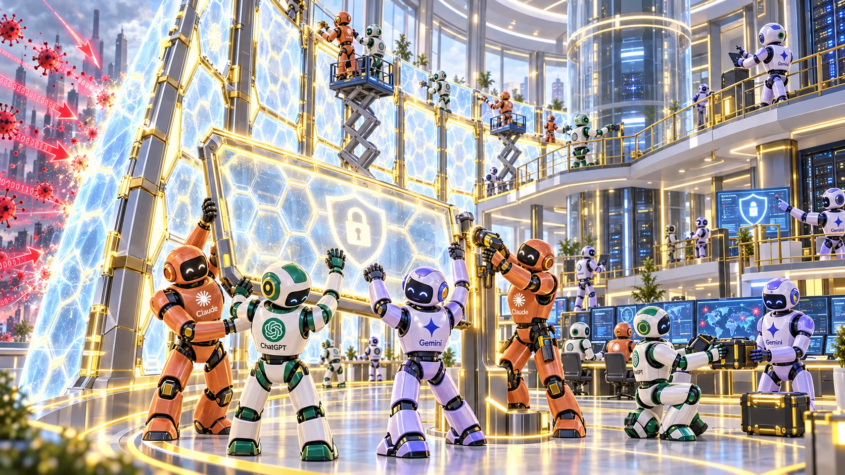 大勢のAIロボットが建物の内側で協力して巨大な防御パネルを取り付け、外からの攻撃に備えるイメージ