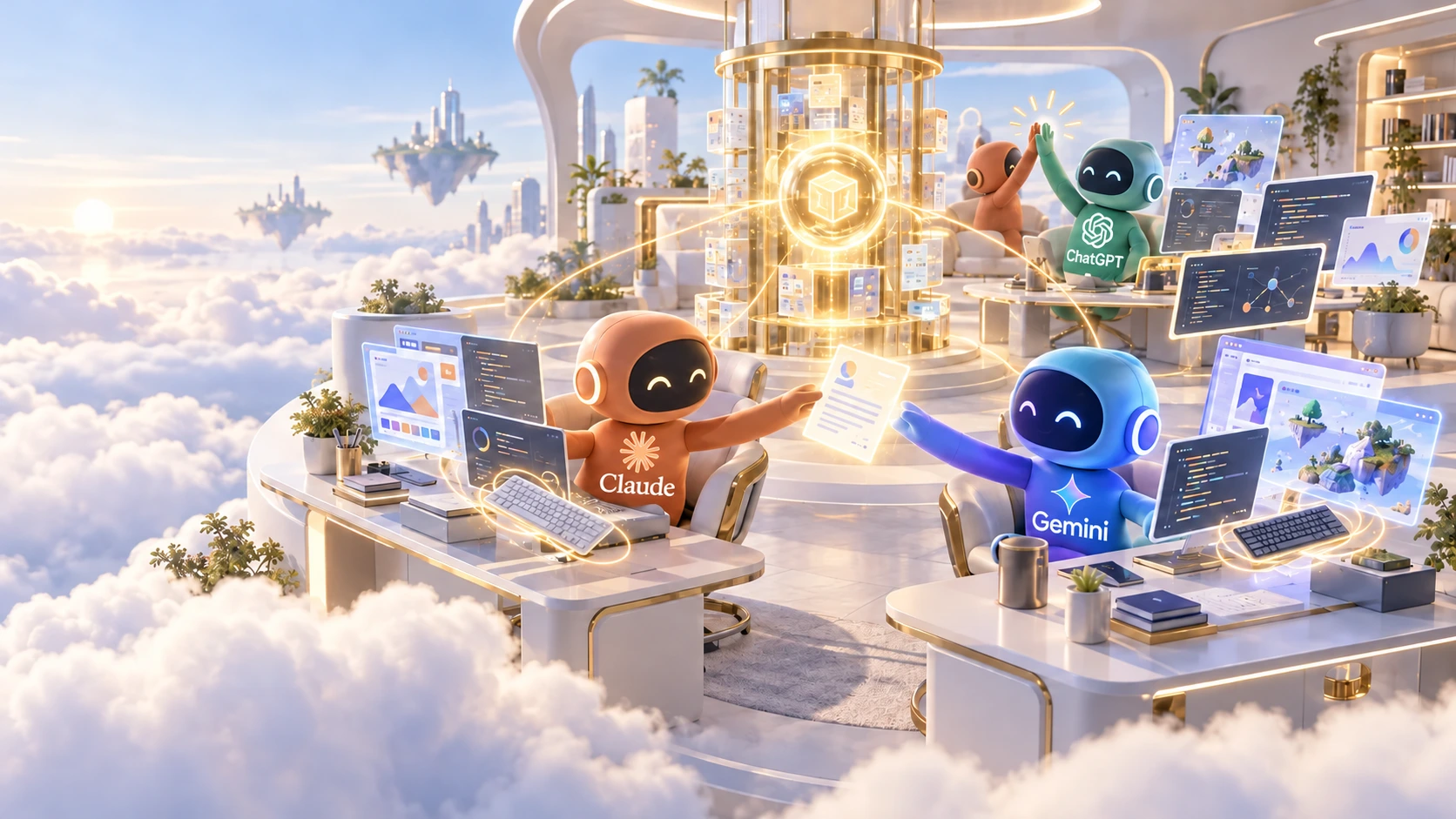 雲上の作業場でClaude・Gemini・ChatGPTなどのAIが記憶を共有し制作するイメージ