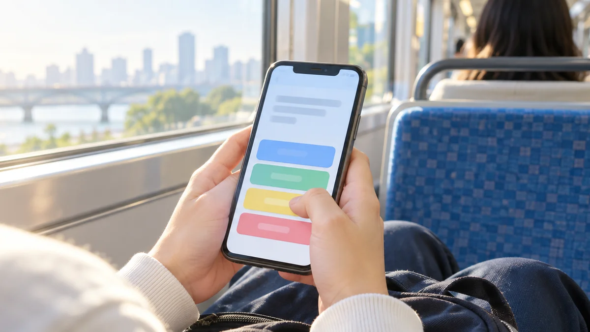 通学電車の中でスマートフォンの学習クイズを使うイメージ